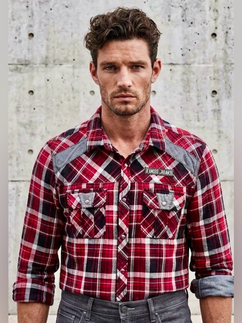 Guess Jeans Vintage Button Down Plaid Long Sleeve Shirt Red, Black & Gray M